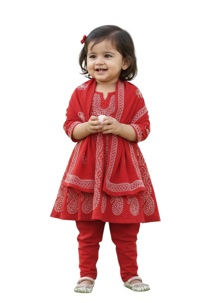 Lucknowi Chikankari Embroidered 3-Piece Traditional Suit Set | 2 - 3Y