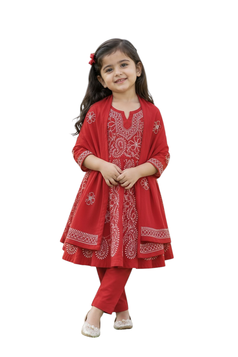 Lucknowi Chikankari Embroidered 3-Piece Traditional Suit Set |  4 - 5Y