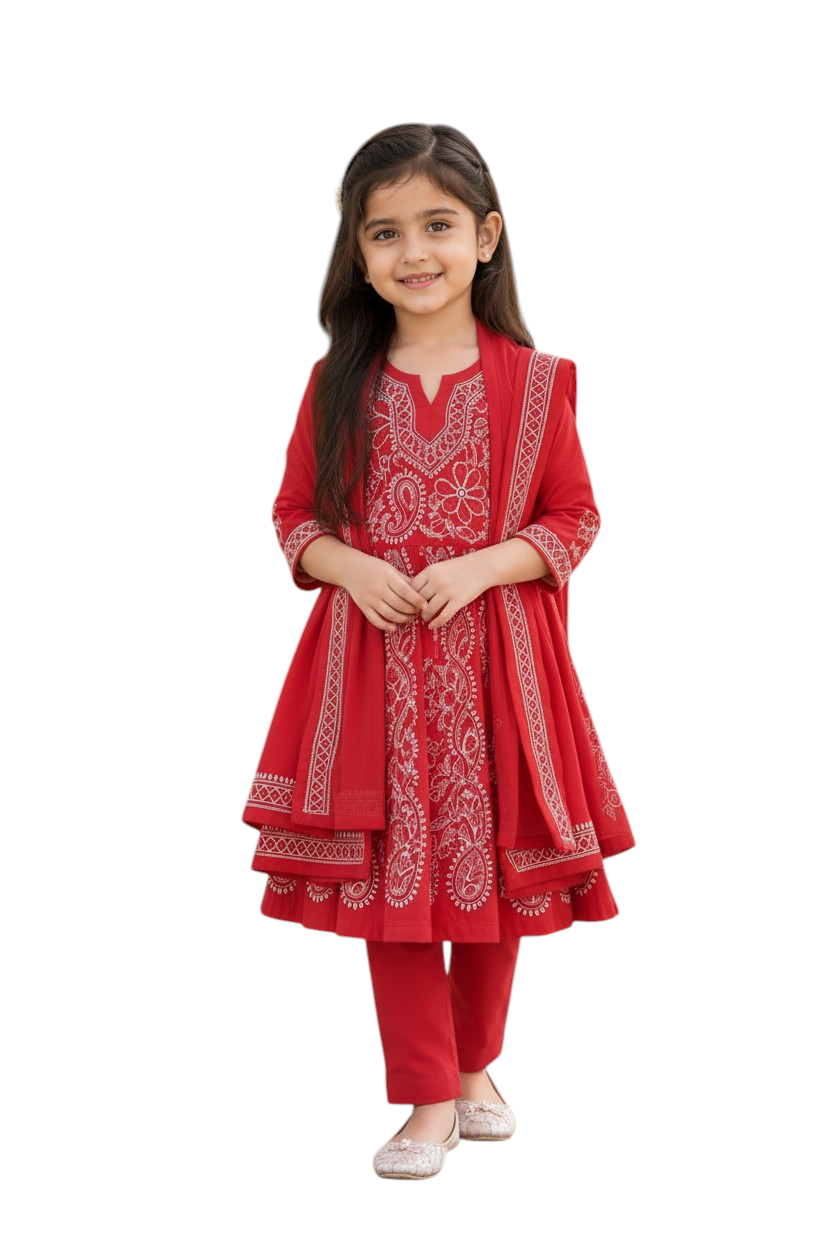 Lucknowi Chikankari Embroidered 3-Piece Traditional Suit Set | 6 - 7Y